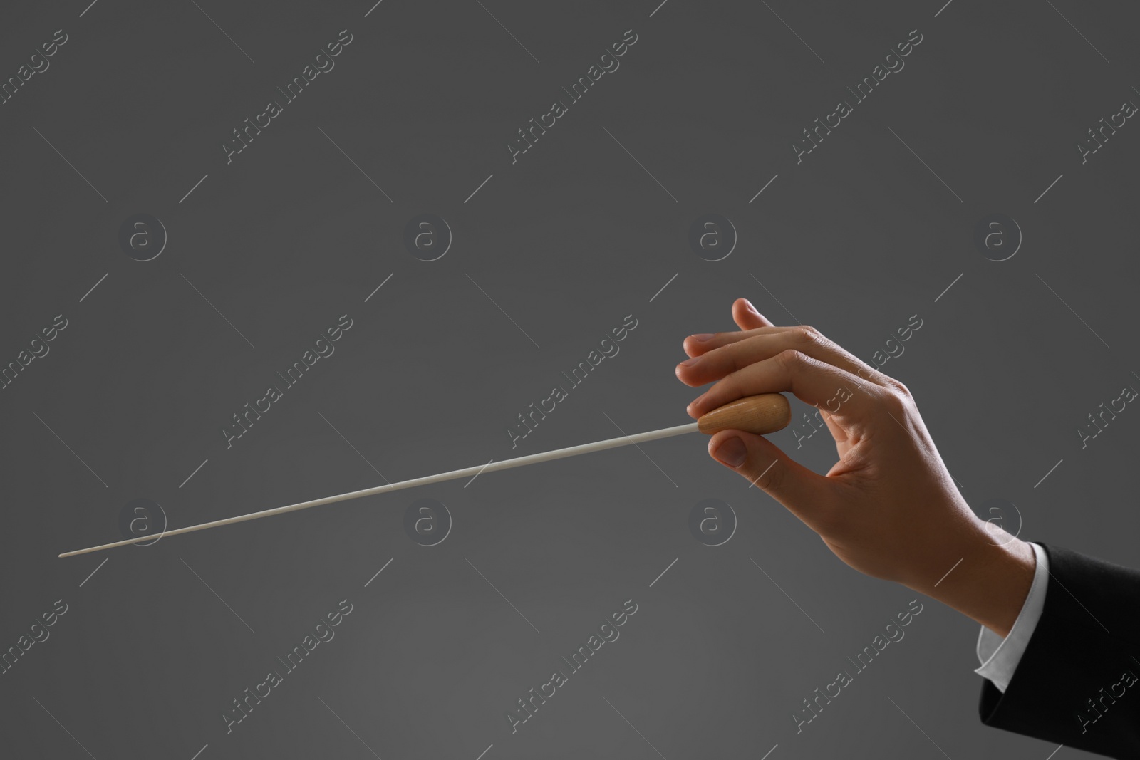 Photo of Professional conductor with baton on grey background, closeup. Space for text