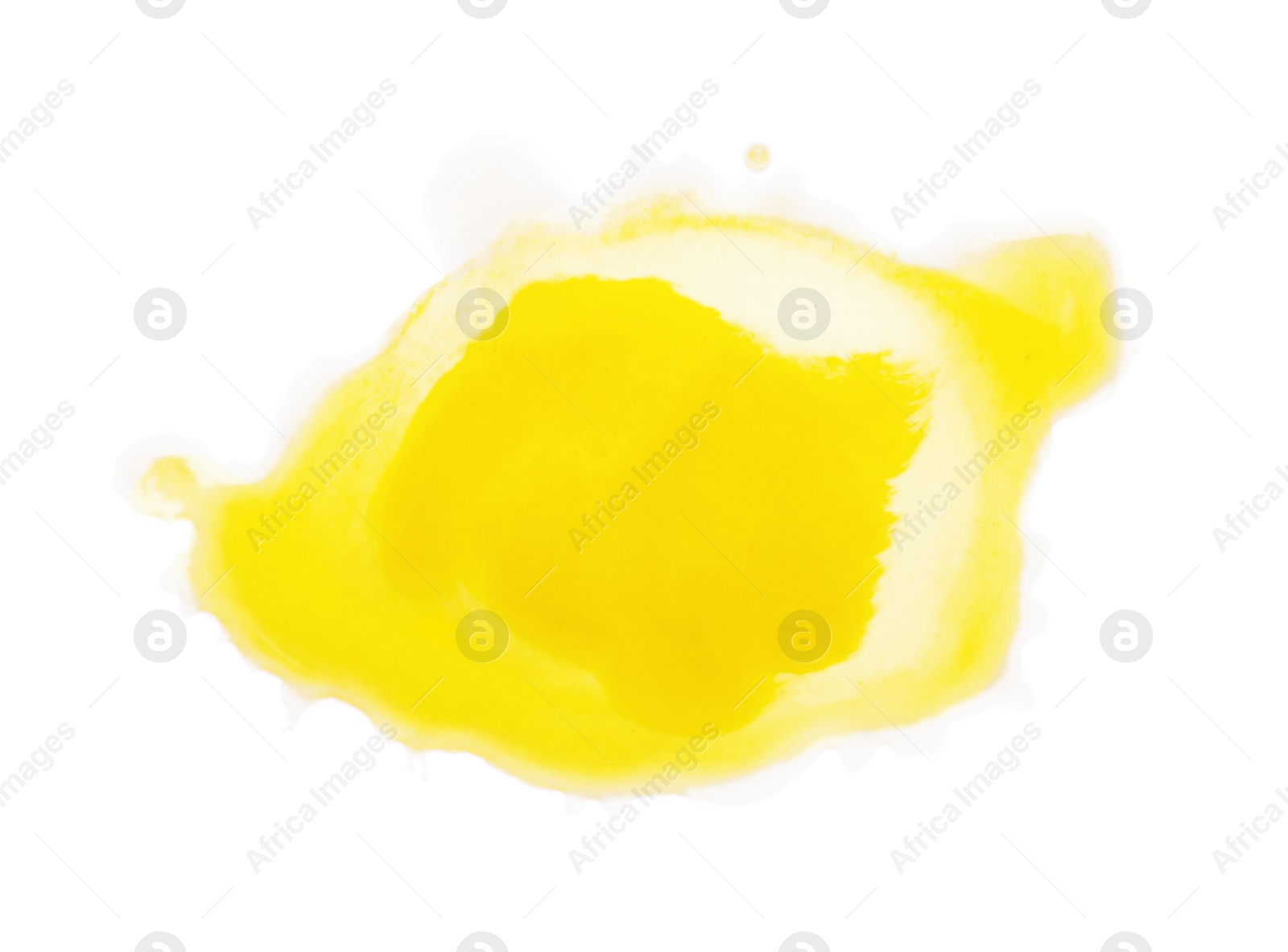 Photo of Blot of yellow watercolor paint isolated on white, top view