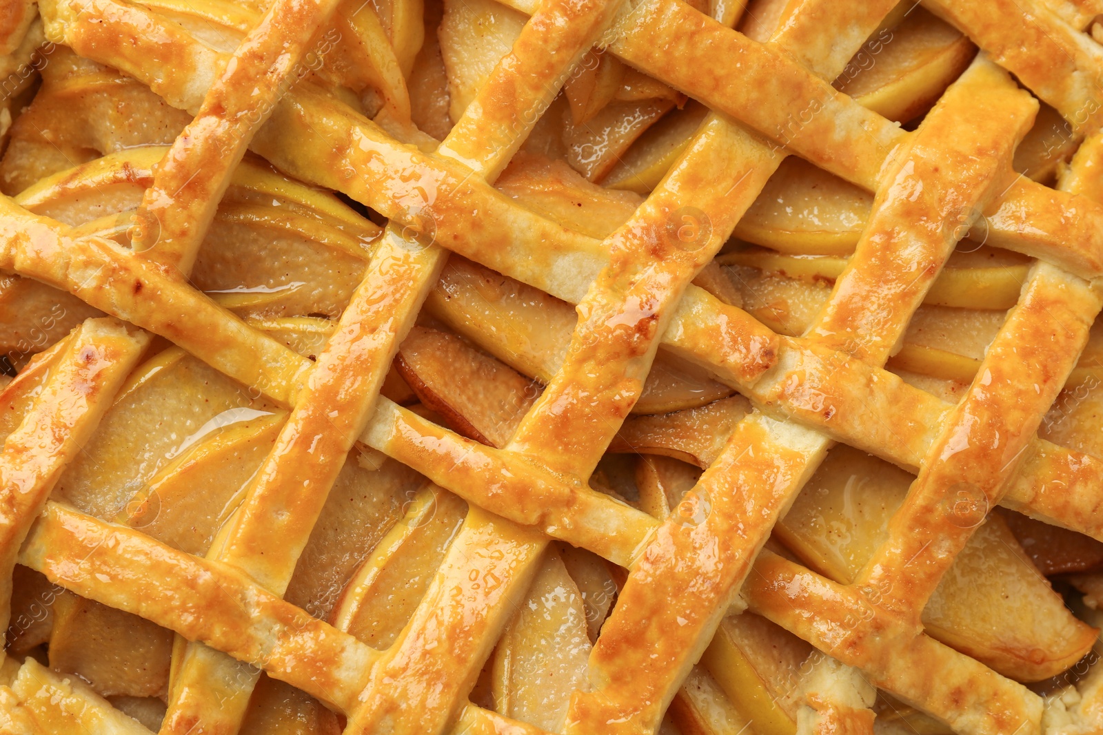 Photo of Tasty homemade quince pie as background, top view