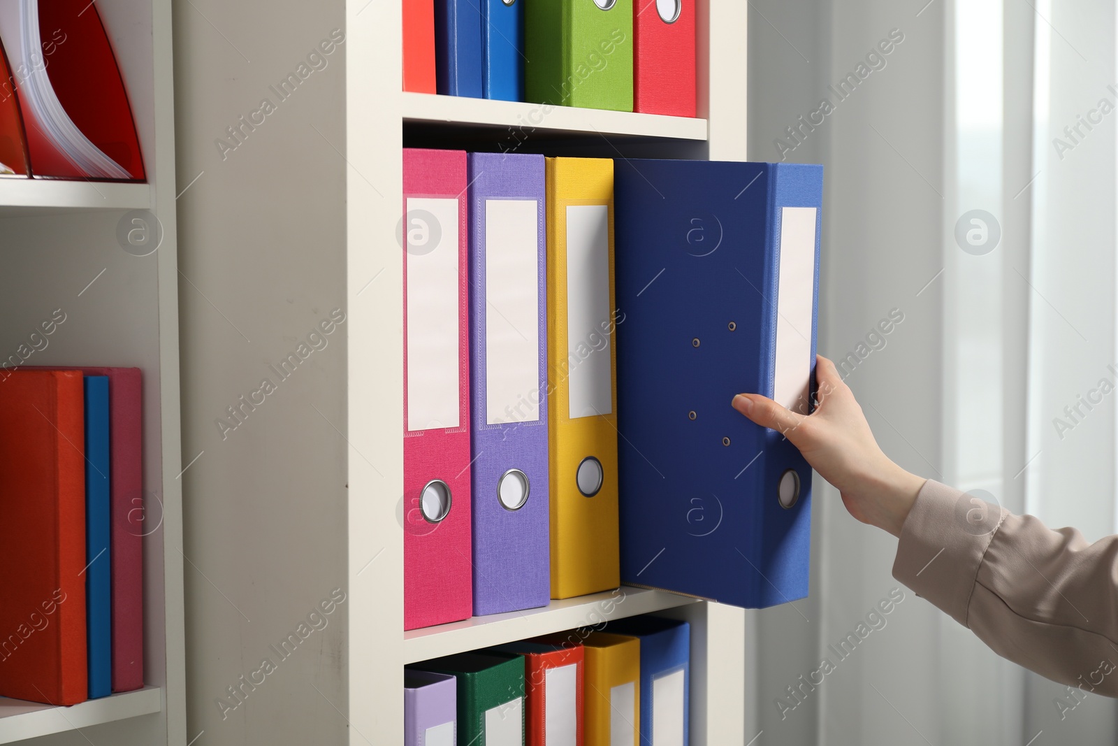 Photo of Woman taking binder office folder from shelving unit indoors, closeup