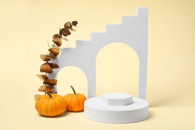 Photo of Autumn presentation for product. White geometric figures, pumpkins and golden branch with leaves on beige background