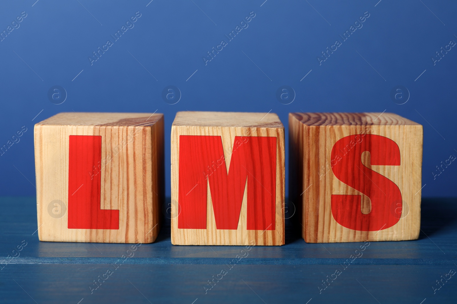 Image of Learning management system. Cubes with abbreviation LMS on blue wooden table