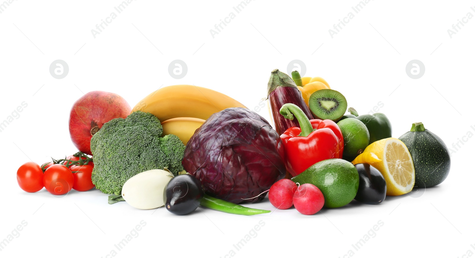 Photo of Rainbow collection of ripe fruits and vegetables on white background