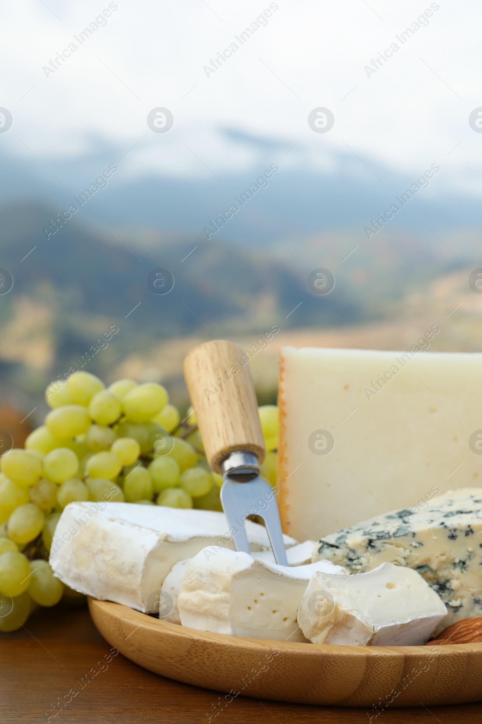Photo of Different types of delicious cheeses, nuts and grapes on wooden table against mountain landscape