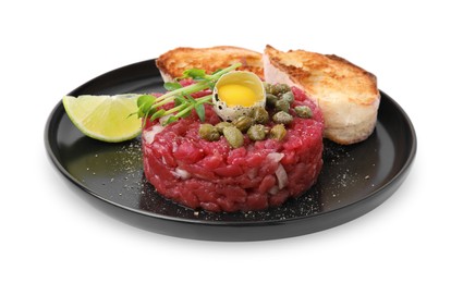 Photo of Tasty beef steak tartare served with quail egg, toasted bread and other accompaniments isolated on white