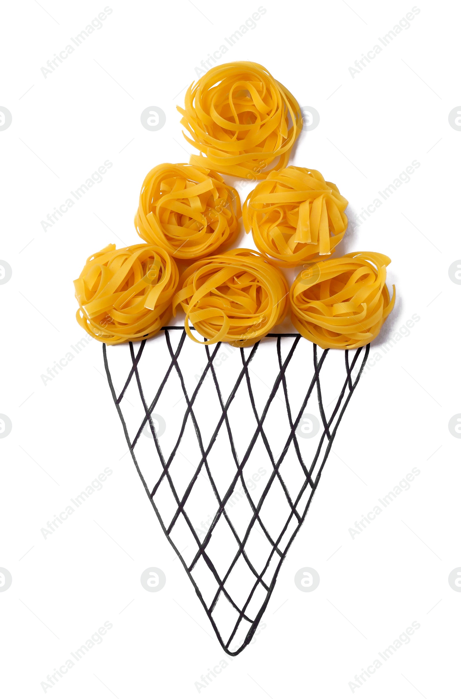 Photo of Ice cream made with tagliatelle pasta on white background, top view