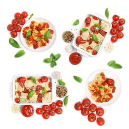 Image of Set of tasty ravioli with tomato sauce and ingredients on white background, top view