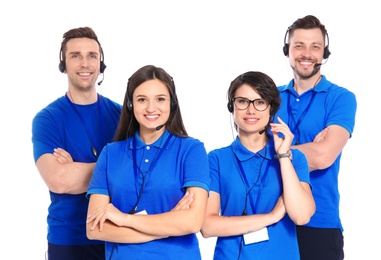 Photo of Technical support operators with headsets on white background