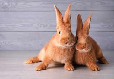 Cute bunnies on grey table against wooden background, space for text. Easter symbol