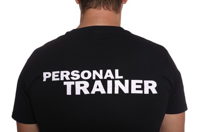 Photo of Closeup of personal trainer in uniform on white background, back view. Gym instructor