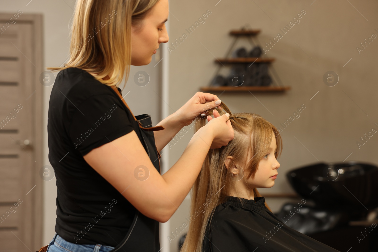 Photo of Professional hairdresser braiding girl's hair in beauty salon