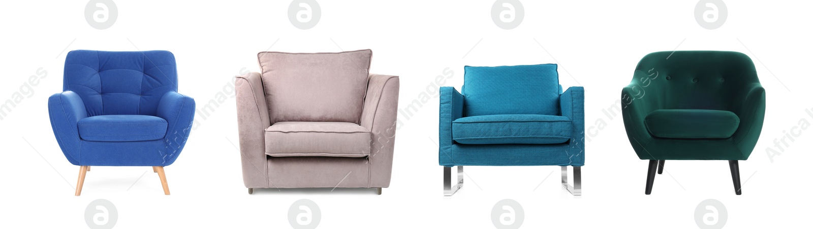 Image of Different comfortable armchairs isolated on white, set