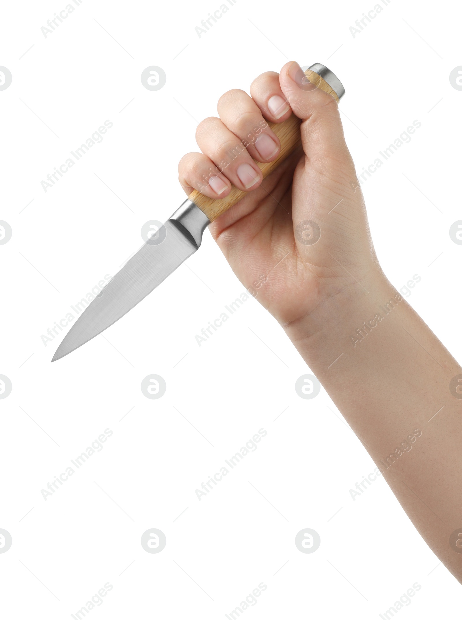 Photo of Woman holding knife on white background, closeup