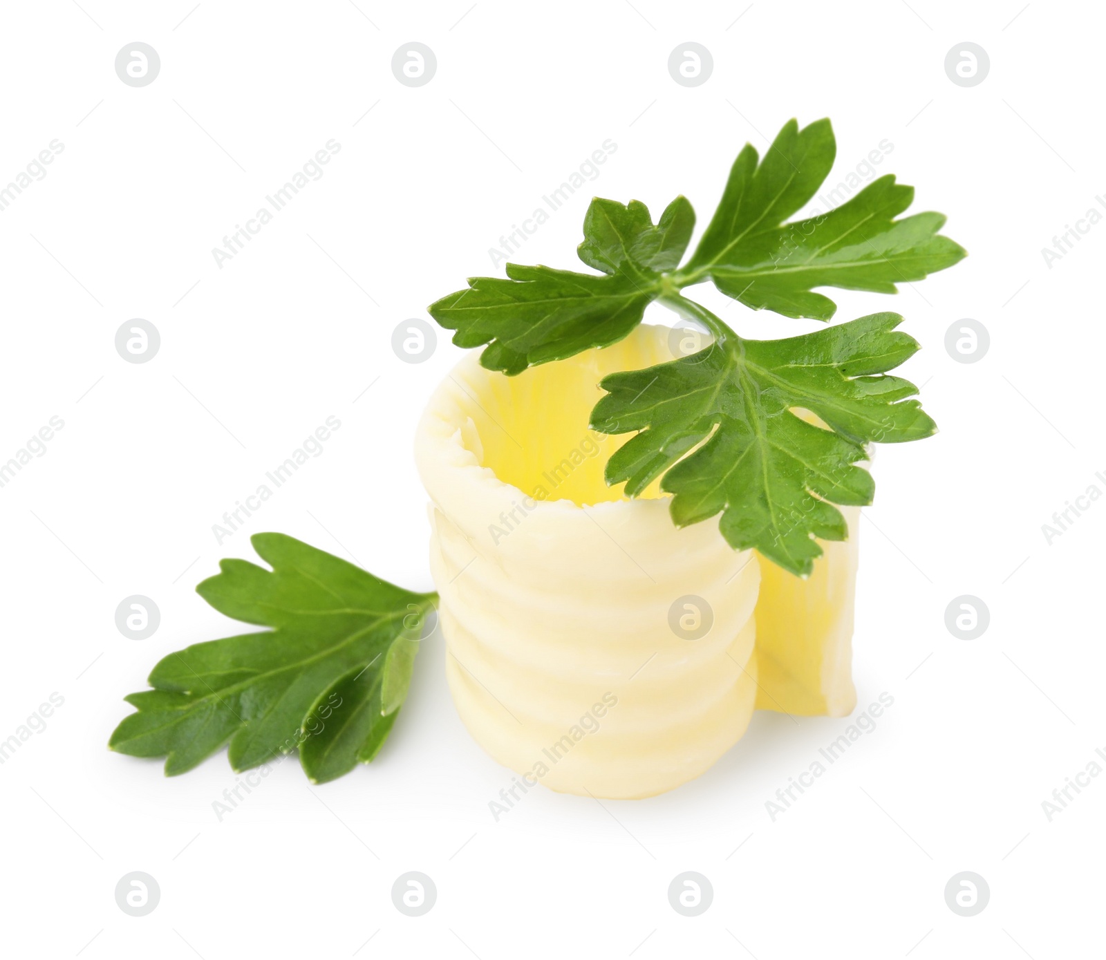 Photo of Tasty butter curl and fresh parsley isolated on white