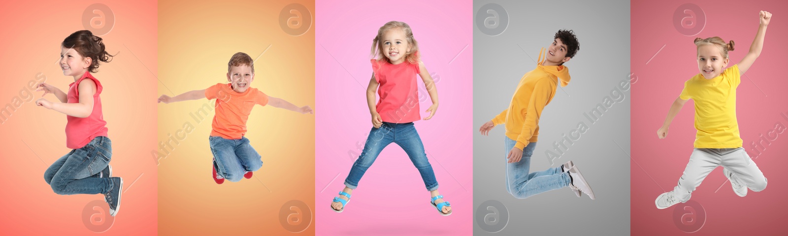 Image of Group of children jumping on color backgrounds, set of photos