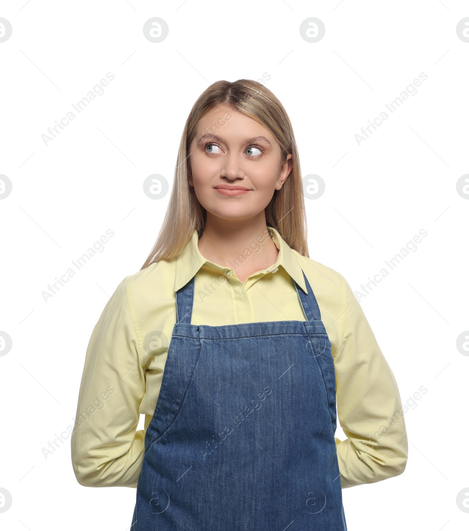 Photo of Beautiful young woman in denim apron on white background