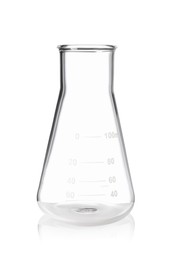 Photo of One empty laboratory flask isolated on white