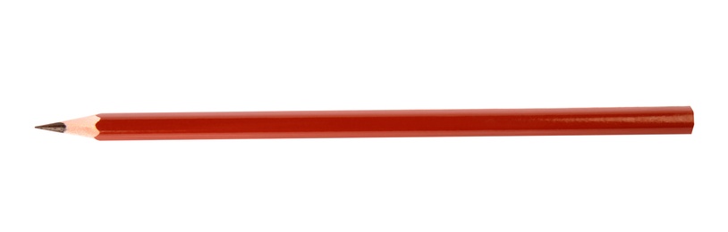 Photo of Brown wooden pencil on white background, top view. School stationery