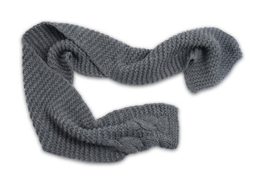 One grey knitted scarf on white background, top view