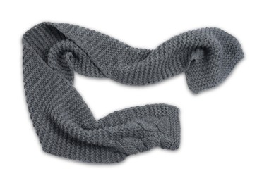 Photo of One grey knitted scarf on white background, top view