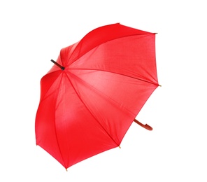 Photo of Modern opened red umbrella isolated on white