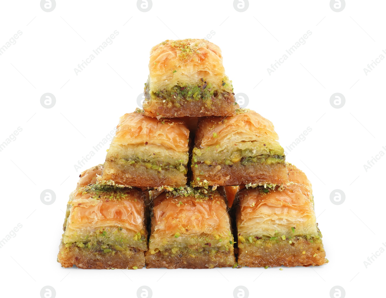 Photo of Delicious fresh baklava with chopped nuts isolated on white. Eastern sweets