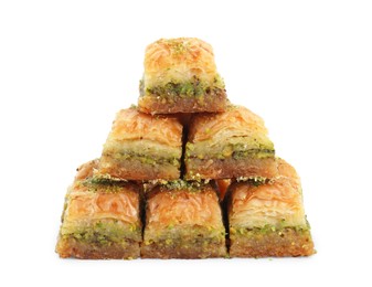 Photo of Delicious fresh baklava with chopped nuts isolated on white. Eastern sweets