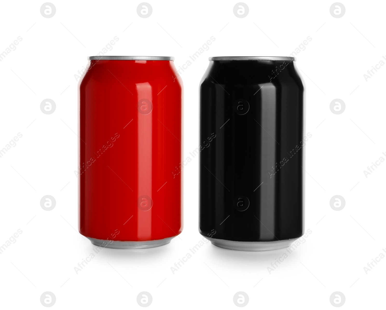 Photo of Aluminum cans with drinks on white background