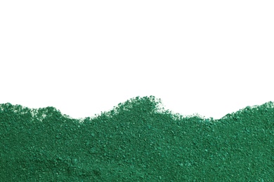 Photo of Spirulina algae powder on white background, top view with space for text