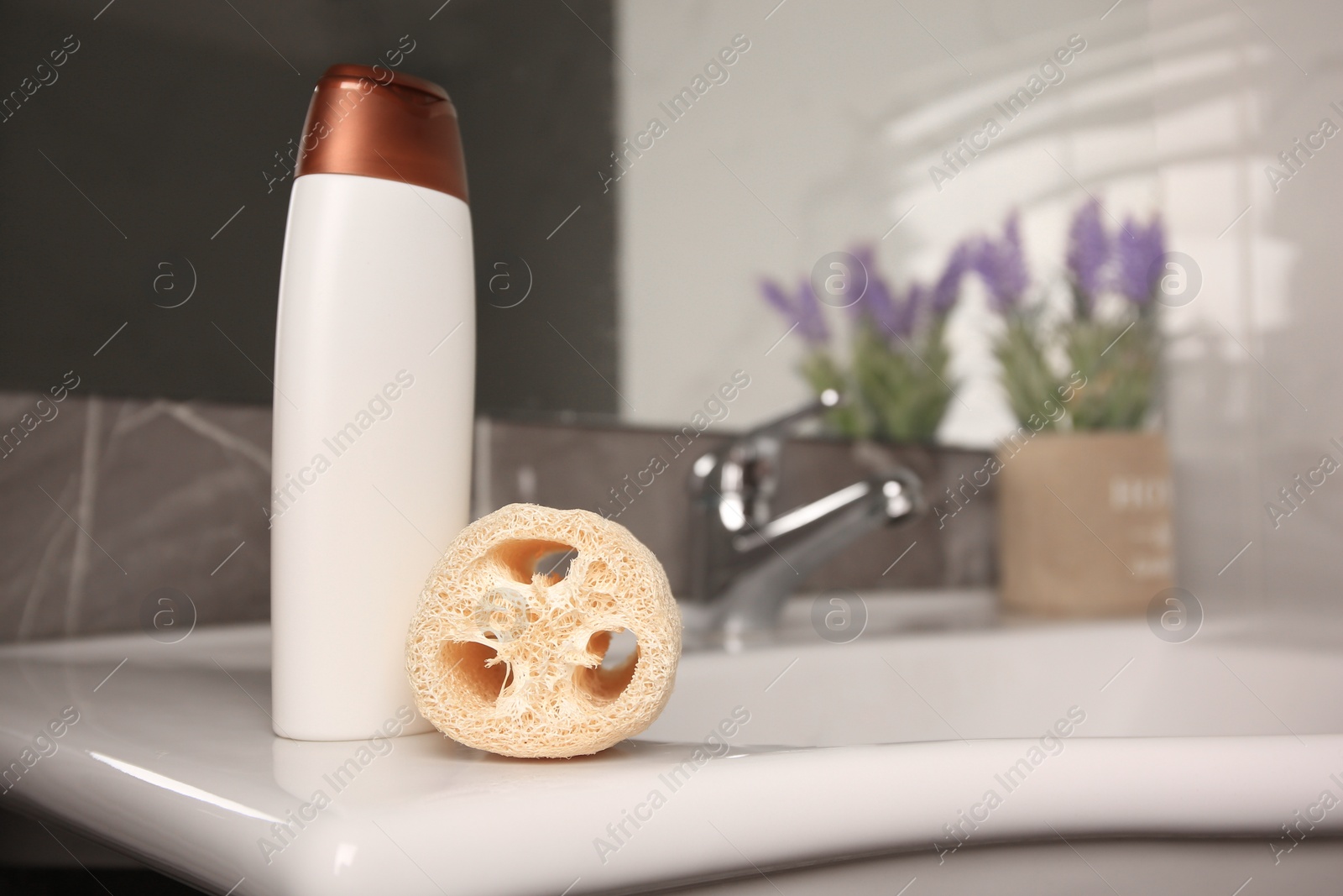Photo of Natural loofah sponge and bottle of shower gel on washbasin in bathroom, space for text