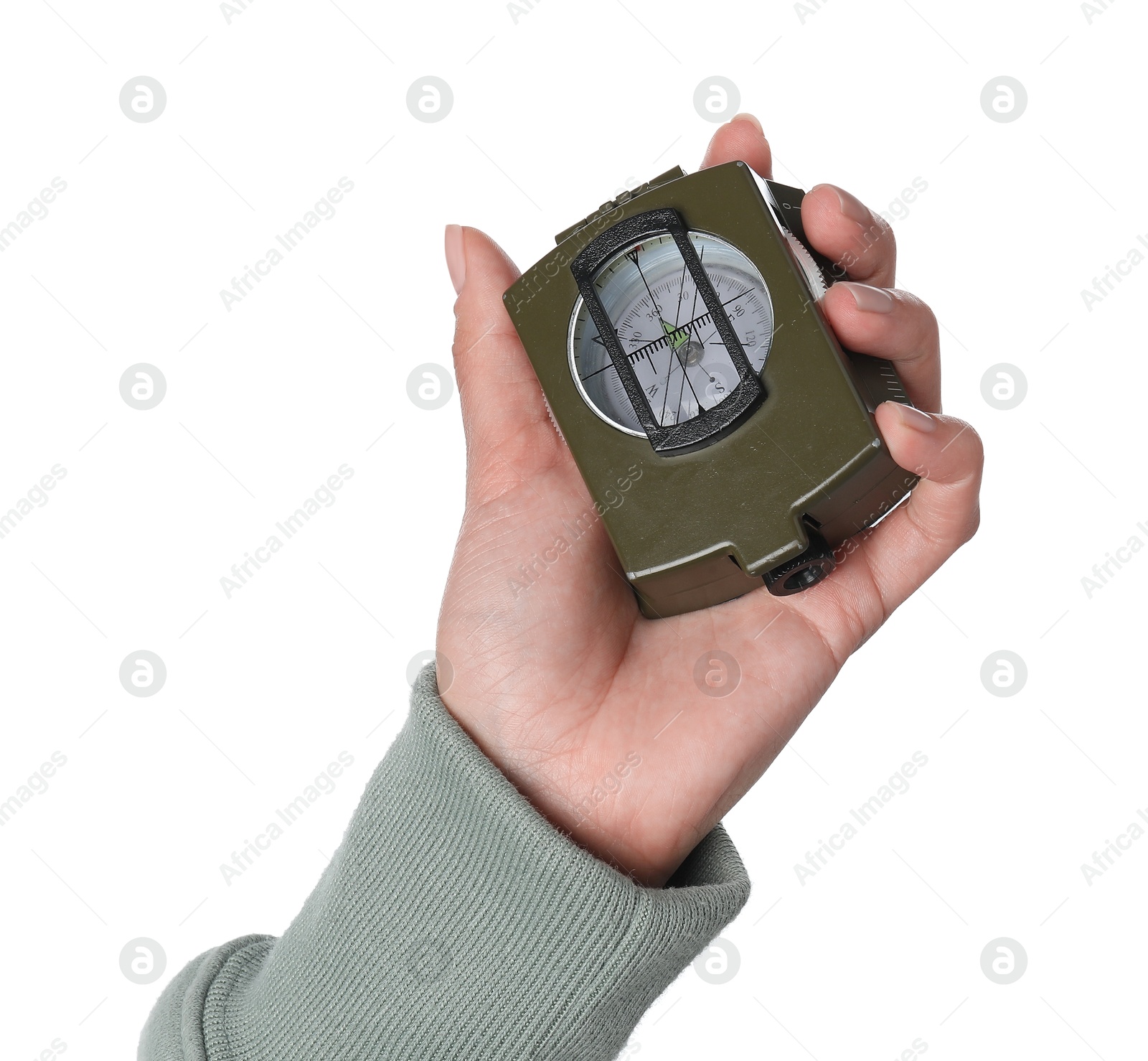 Photo of Woman holding compass on white background, closeup