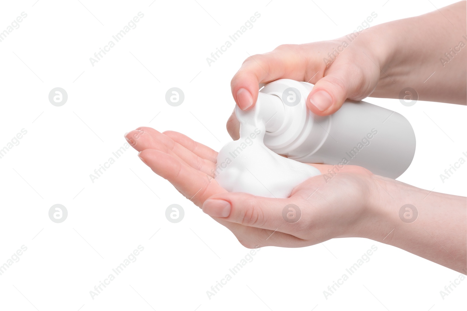 Photo of Woman applying cleansing foam onto hand on white background, closeup