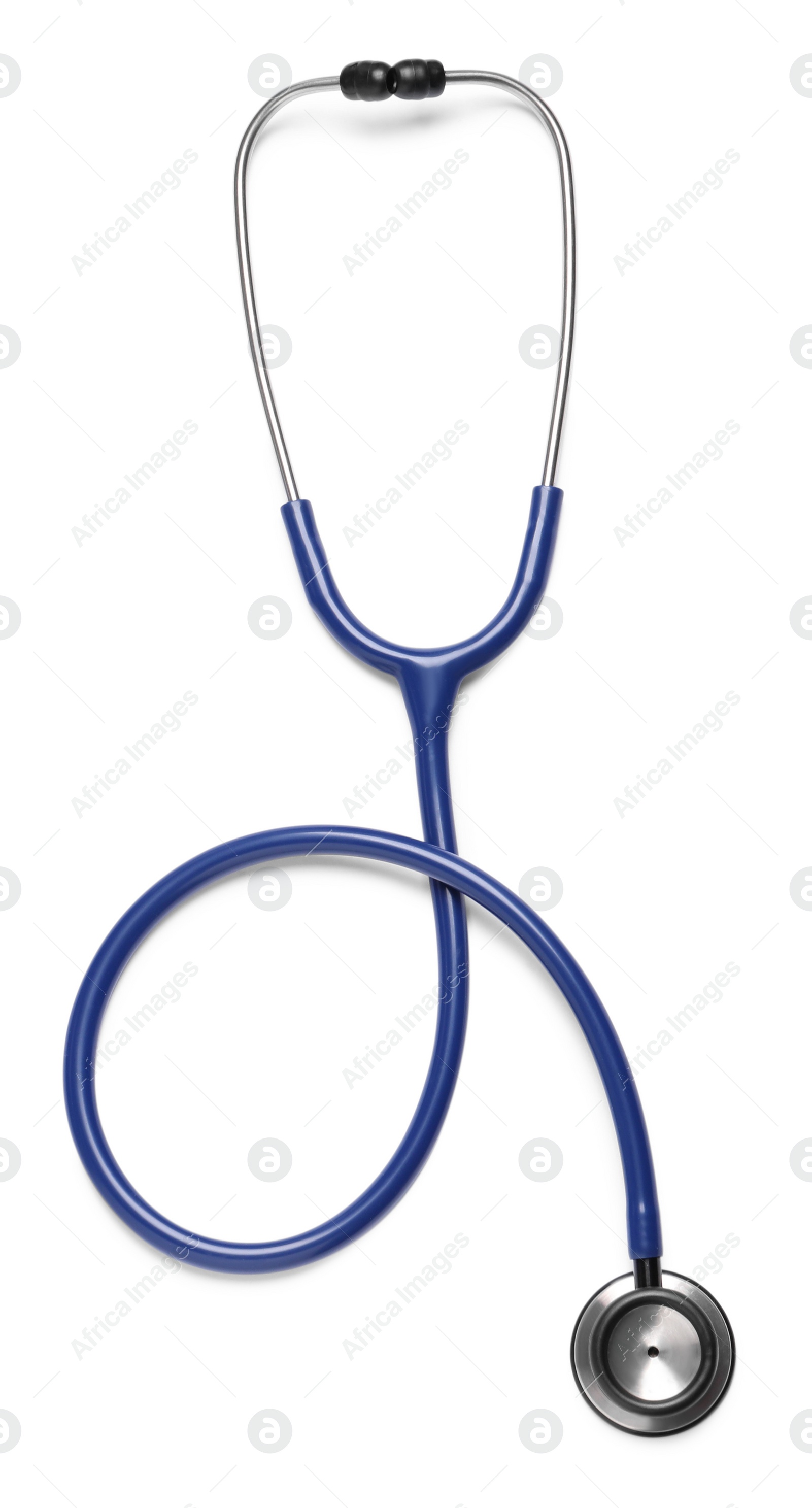 Photo of Modern stethoscope on white background, top view