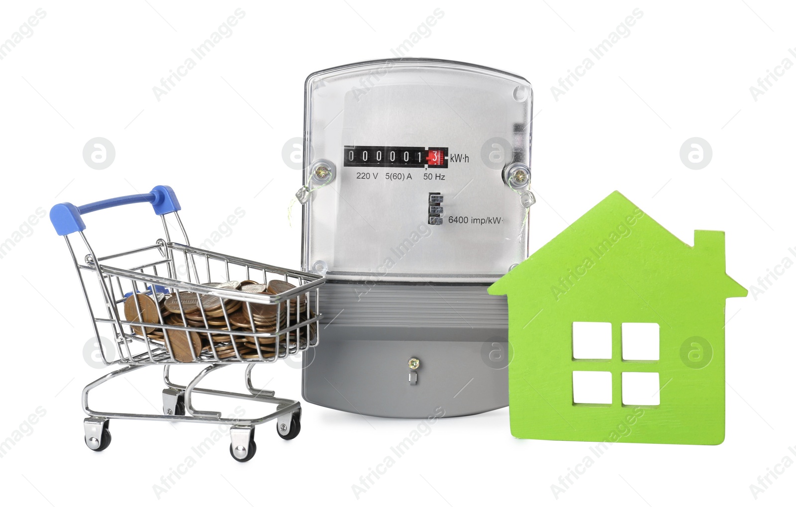 Photo of Electricity meter, house model and small shopping cart with coins on white background