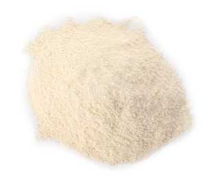 Photo of Pile of quinoa flour isolated on white, top view