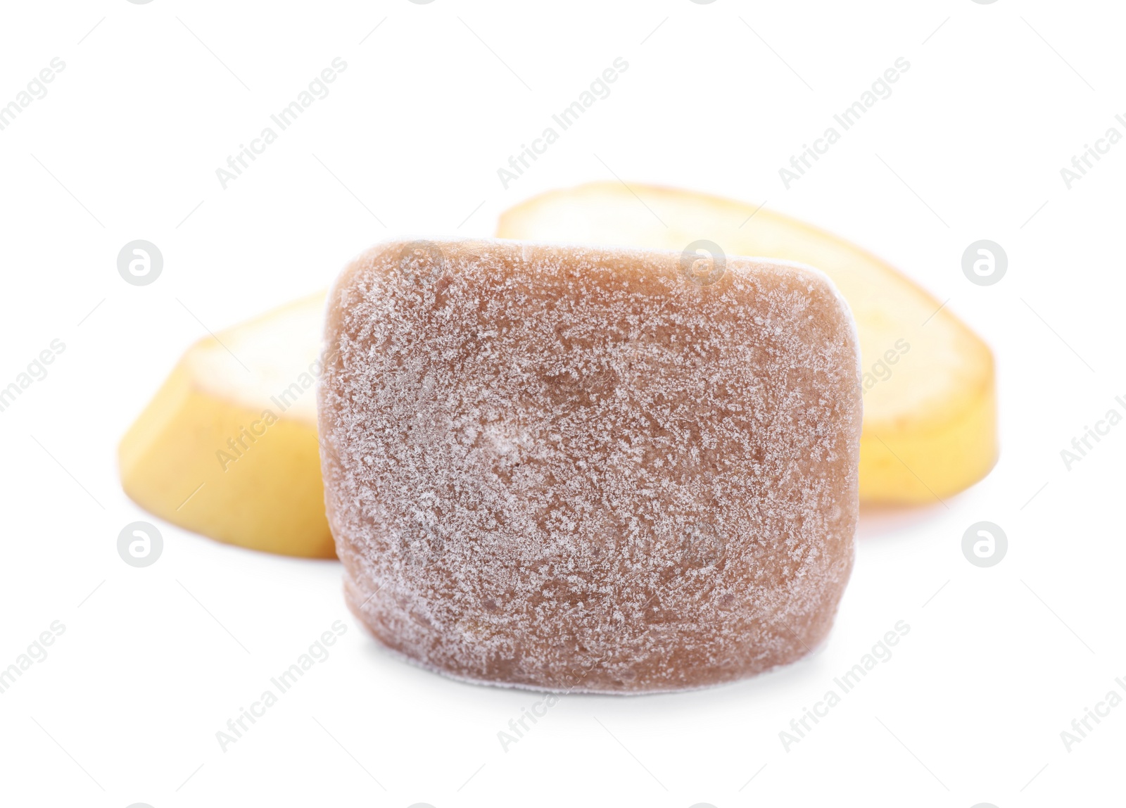 Photo of Frozen banana puree cube and fruits on white background
