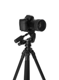 Modern tripod with camera isolated on white