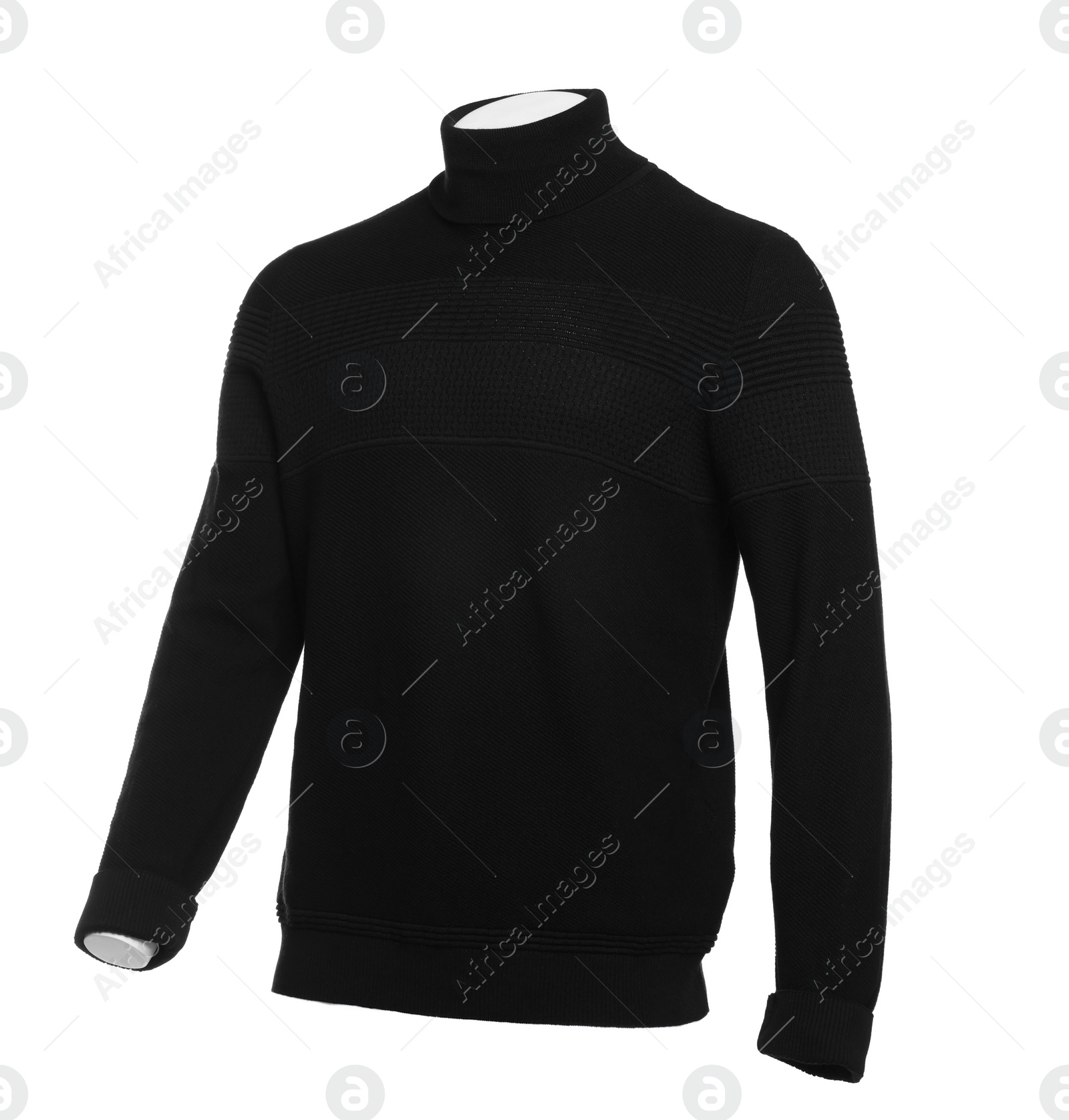 Photo of Stylish black sweater isolated on white. Men`s clothes