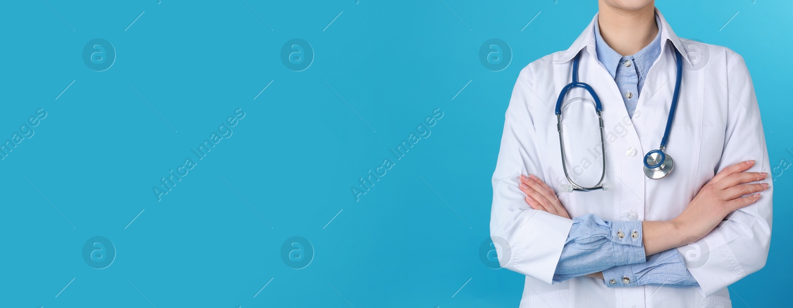 Image of Doctor with stethoscope on turquoise background, closeup view and space for text. Banner design
