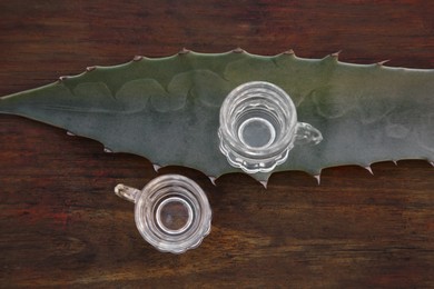 Photo of Mexican tequila shots and green leaf on wooden table, top view. Drink made of agava