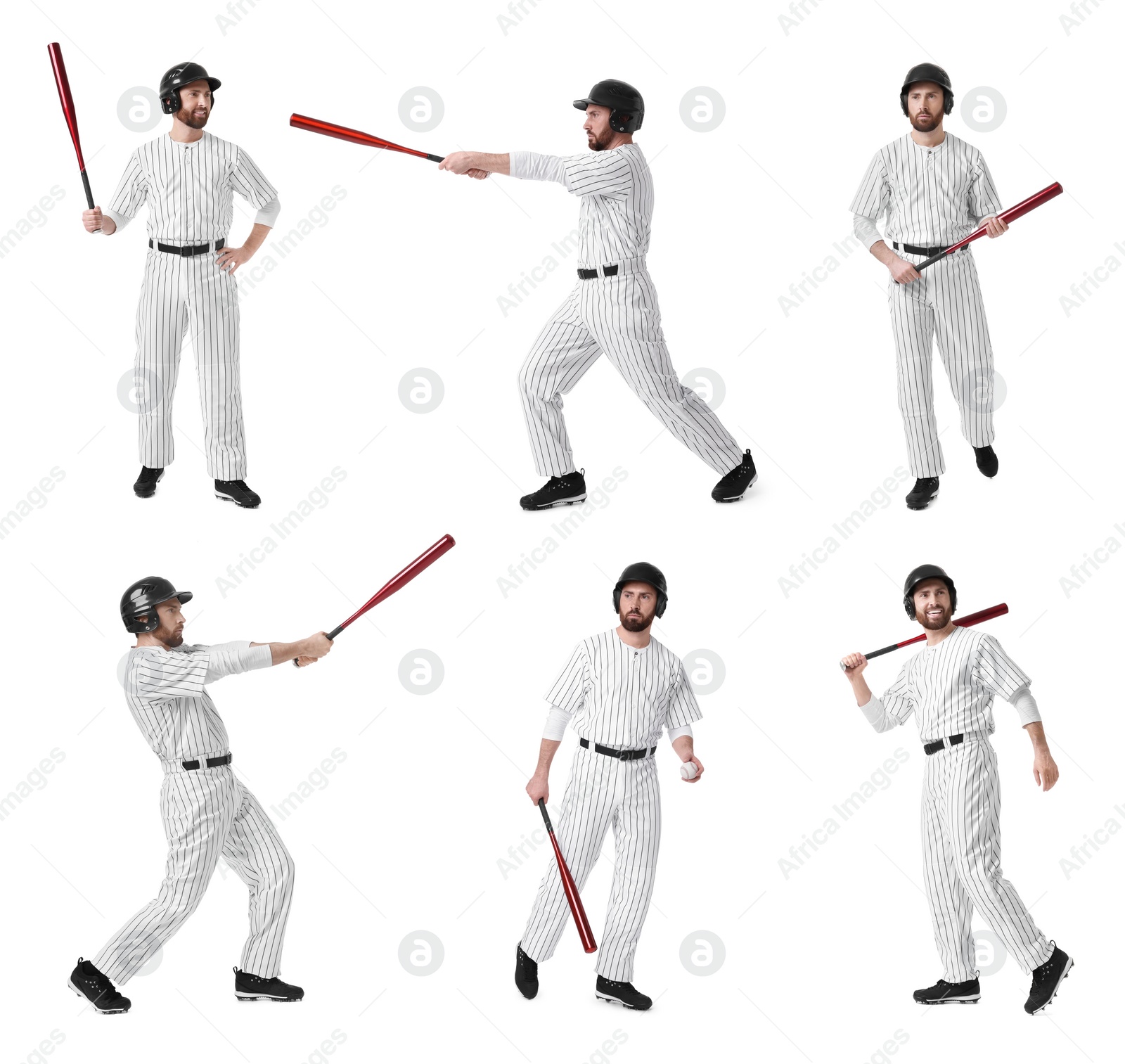 Image of Baseball player with bat on white background, set of photos