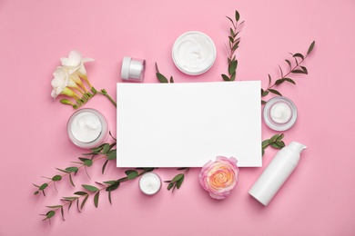 Flat lay composition with cosmetic products on color background