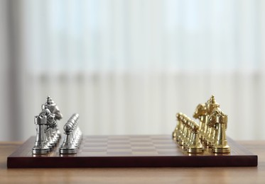 Photo of Set of chess pieces on checkerboard before game, selective focus. Space for text