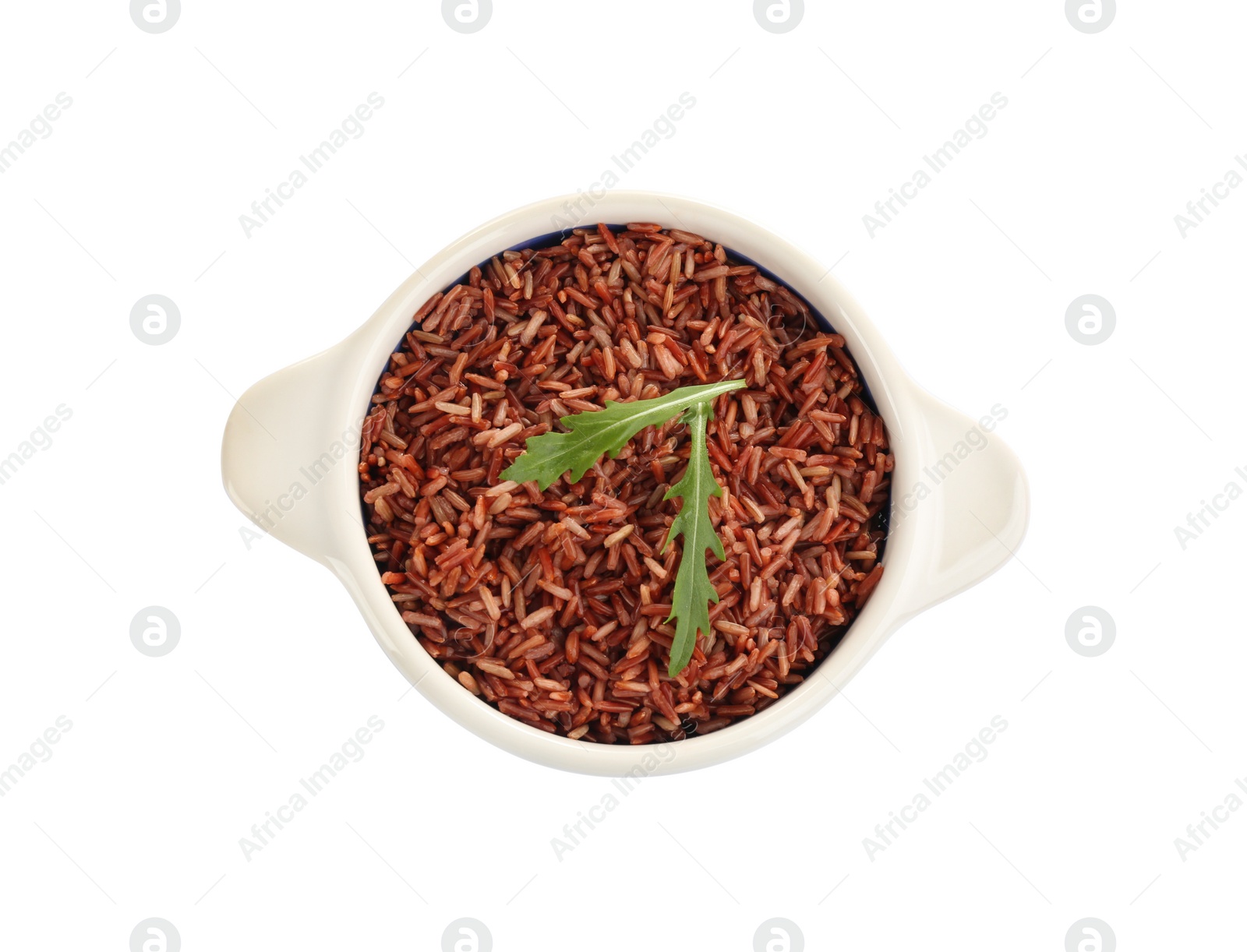 Photo of Delicious brown rice in bowl isolated on white, top view