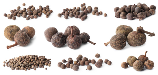 Image of Set of different peppercorns on white background. Banner design