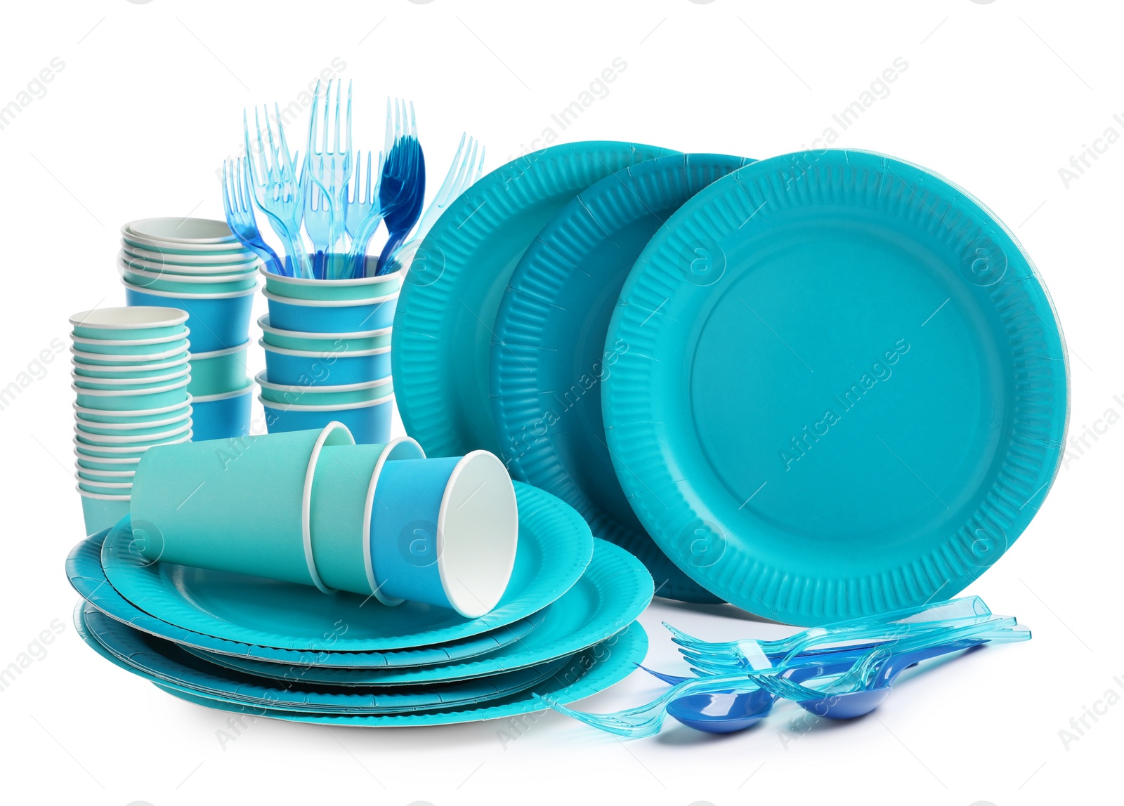 Photo of Set of disposable tableware on white background