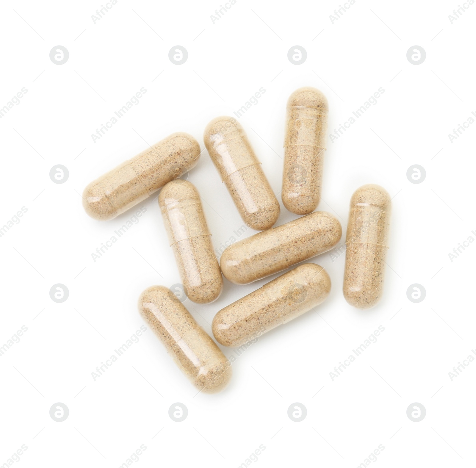 Photo of Vitamin capsules isolated on white, top view. Health supplement