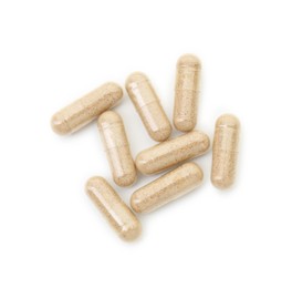 Photo of Vitamin capsules isolated on white, top view. Health supplement