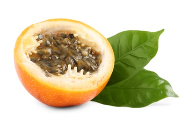 Photo of Half of delicious granadilla with leaves isolated on white