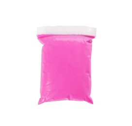 Package of pink play dough on white background, top view